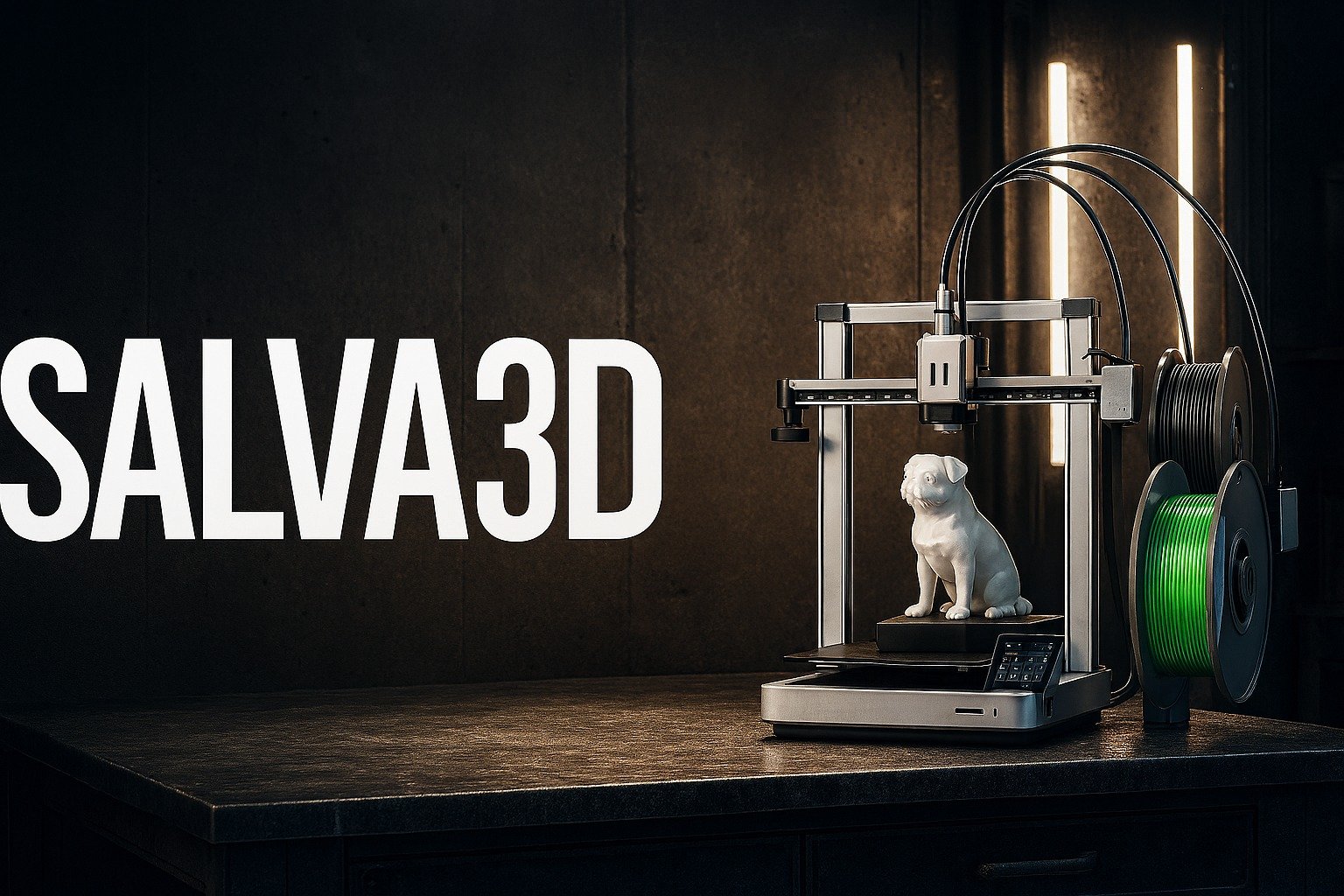 Impresora 3D de Salva3D imprimiendo una figura, con bobinas de filamento